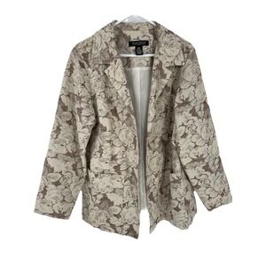 Dialogue Linen Cotton Floral Open Front Blazer Women's 18W Cream Retro Casual